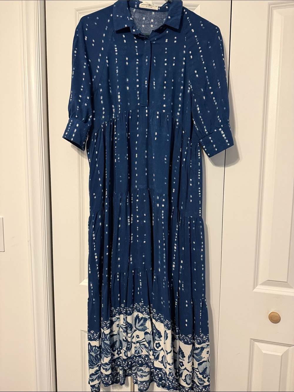 NATURAL LIFE Navy Blue Printed Tiered Maxi Shirt Dress